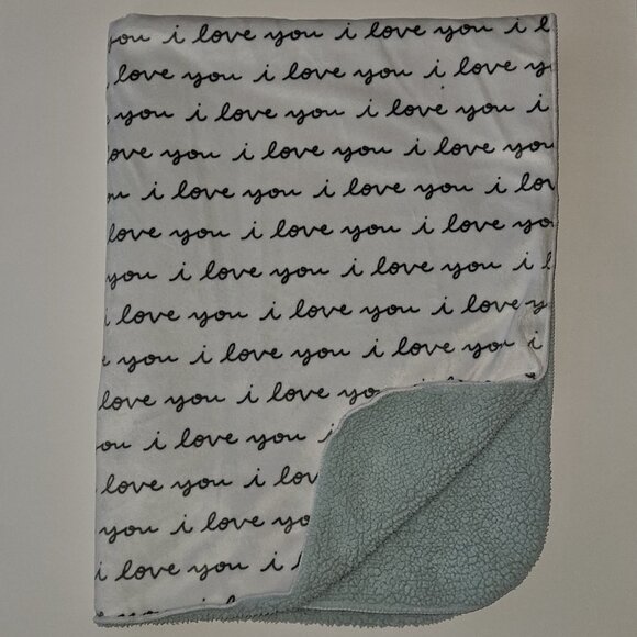 Cloud Island I Love You White Gray Fleece Baby Blanket Pale Green Sherpa 30x40 - Picture 1 of 8